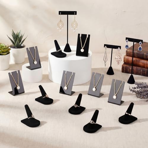 30 Pcs Velvet Jewelry Display Set for Vendors, Earring Display Stands, Necklace T Bar, Ring Holders, Black Jewelry Holder for Craft Shows, Booth, Selling