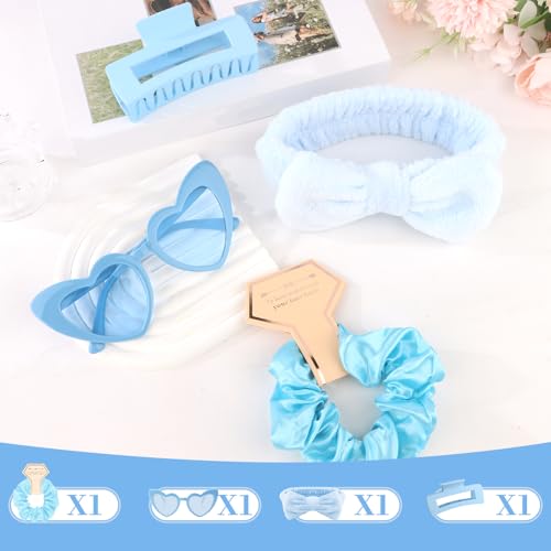 Semato 4 Pcs Blue Bridesmaid Proposal Gifts Bridesmaid Spa Headband, Hair Claw Clips, Heart Shaped Sunglasses and Smooth Satin Scrunchies - color: Blue