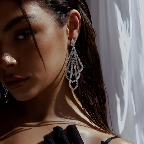 Silver Rhinestone Rectangle Dangle Earrings for Women Cubic Zirconia Crystal Dangle Earrings Long Chandelier Earrings Multi Layer Tassel Earrings Wedding Bridal Jewelry
