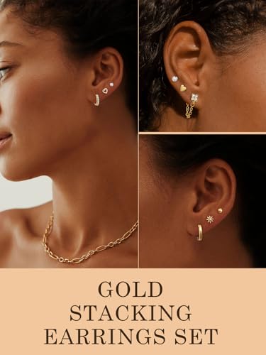 Hypoallergenic Small Gold Stud Earrings for Women 14K Gold Plated CZ Chain Hoops Hypoallergenic Earrings Dainty Clover Flower Heart Bow Stud Earrings for Jewelry Gift - color: gold