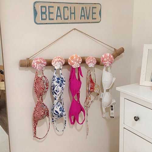 Novabright 16 Inch Bikini Hanger for Wall Seashell Bikini Rack Wall Mounted Swimsuit Organizer with Seashell Accents Coastal Swimwear Storage Rack for Beach Bathrooms Closets Vacation Homes - style: Classic Coastal