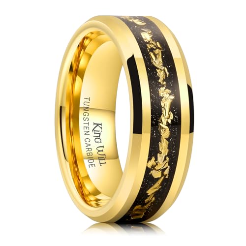 King Will Mens Wedding Band with Foils Inlay, Black/Silver/Gold | Black, 6mm/8mm, Beveled Edge, Comfort Fit, Glowstone Ring, Everyday Wear - color: Gold&Gold-8mm