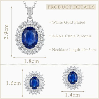 Cubic Zirconia Necklace and Earrings Set for Women 14K White Gold Plated Bridesmaid Silver Jewelry Set for Women Pendant Necklace Hypoallergenic Stud Earrings Set Jewellery Gift for Mom Wife Bride Bridesmaid - color: Sapphire Blue-Oval Shape