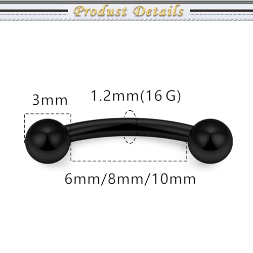 Internally Threaded Eyebrow Piercing Jewelry Surgical Steel Tiny Eyebrow Rings Vertical Labret Lip Jewelry Small Ear Rook Earring for Women Men 18g 16g 14g Plus Piercing Ball Grabber Tool - color: black, size: 16g,ball+spike end