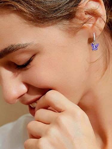 Bestyle Gold Butterfly Earrings for Women, Dainty Cute Birthstone Studs Hypoallergenic Jewelry, Great Birthday Gift - style: 02.February (Amethyst)-DANGLE