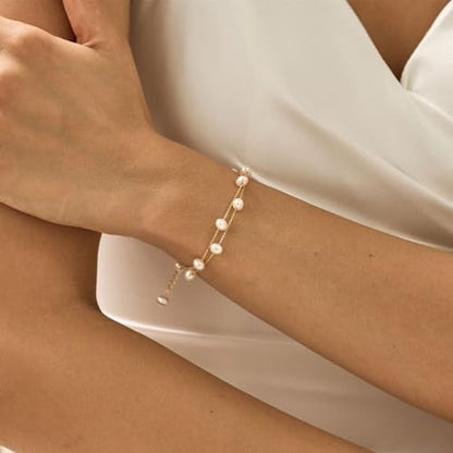 BERISO Gold/Silver Pearl Bracelets - 14K Gold Plated Dainty Pearls Beaded Chain Heart Bracelets - style: 2layer Pearl-Gold