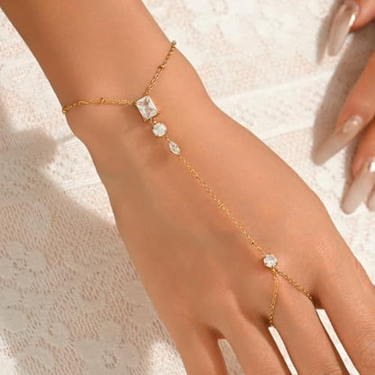 Gold Hand Chain Bracelet for Women 18K Gold Plated Stainless Steel Ring Bracelet Hand Chain with Pearl Star CZ Adjustable Hand Jewelry Chain Gifts - color: Y Satellite 3CZ-Gold