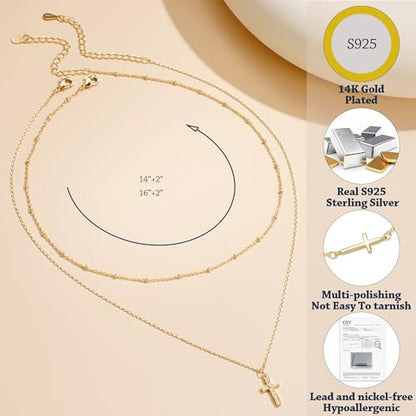 14K Gold Layered Cross Necklaces for Women,Tiny Small Sideways Cross Necklace Minimalist Christian Jewelry Gifts First Communion Confirmation Easter Stuff,2Pcs - color: Style C，Satellite cross
