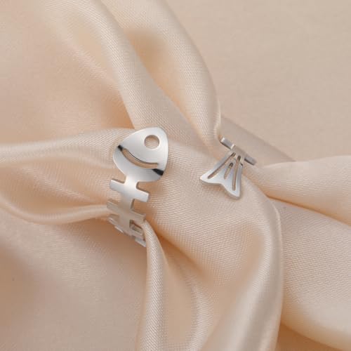 Funny Fishbone Ring, Stainless Steel Adjustable Open Rings for Women Trendy, Special Christmas Gift for Friend Lover Daughter - color: Silver