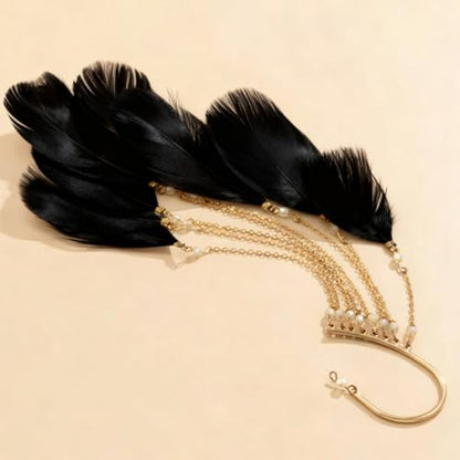 Feather Earrings for Women Ear Cuffs Long Tassel Boho Clip Earrings Red White Non Piercing Earring Statement Jewelry Birthday Prom Jewelry Gifts - color: A2:black tassel feather ear clips