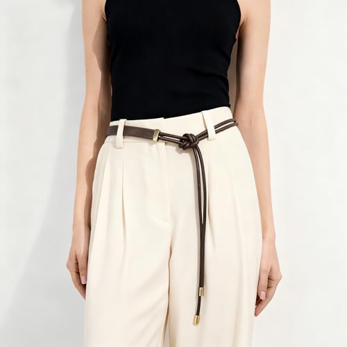 Women's Knotted Thin Waist Belt PU Leather Skinny Belts for Dresses Pants - color: Coffee