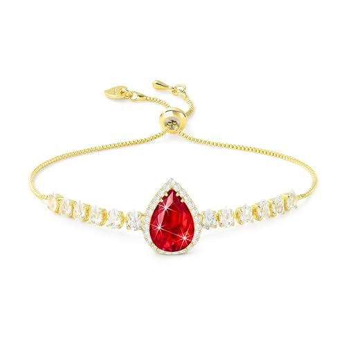 Linawe Crystal Imitation Diamond Rhinestone Charm Bracelets for Women, Gold/Silver/Rose Gold Adjustable Chain Bracelet, Teardrop Birthstone Cubic Zirconia Prom Costume Wedding Jewelry - color: Gold,July