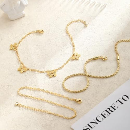 Gold Ankle Bracelets for women,14k Gold/Silver Plated Waterproof Layered lightweight Bow Beaded Twisted Chain Cross Butterfly Satellite Ankle Bracelets Set Gold Anklets for women Trendy Summer Beach Jewelry Gift for Women - style: 3 anklets butterfiy rope