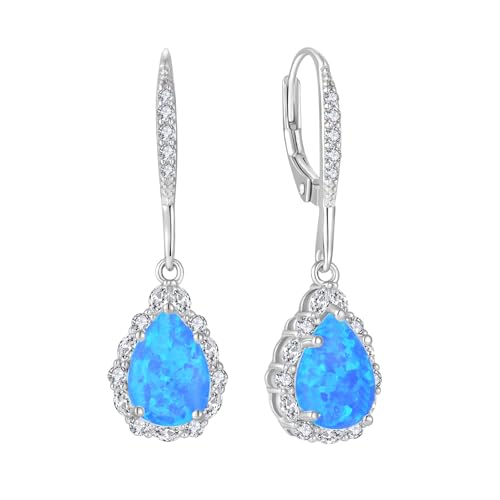 Created Opal Earrings 925 Sterling Silver Leverback Drop Dangle Earrings 5A Cubic Zirconia Jewelry for Women - color: B blue opal