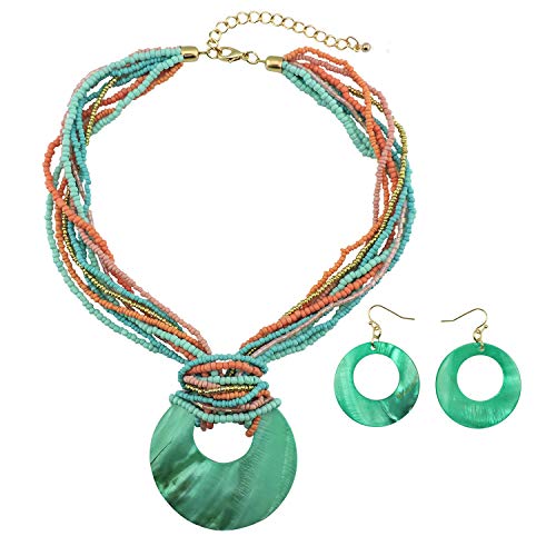 Coiris Multi Strand Statement Colorful Beaded Necklace with Big Circle Shell Pendant for Women - color: Teal
