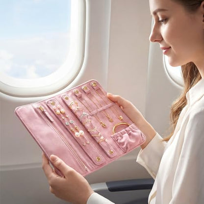 Tondiamo 1 Pcs Velvet Jewelry Roll Luxury Travel Jewelry Case for Ring Necklace Earring Bracelet Storage Bag Women Bridesmaid Gift (Pink) - color: Pink