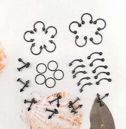 40Pcs 16G Lip Rings Stainless Steel Horseshoe Labret Monroe Lip Barbell Eyebrow Nose Ring Medusa Piercing Jewelry for Women Men - color: black