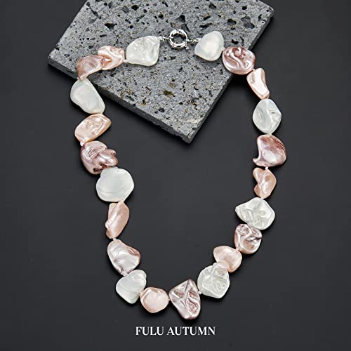 Pearl Choker Necklace for Women Boho Beaded Statement Necklace with Black White Large Freshwater Pearls Silver Fashion Jewelry Gift - color: White pink