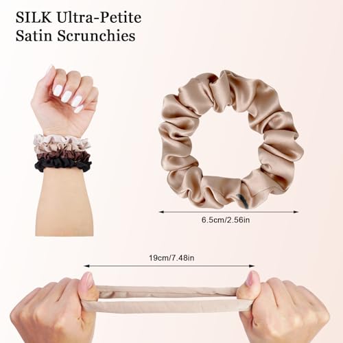 Ultra-Petite Satin Scrunchies for Women – 8PCS Neutral No Damage Hair Ties (Black, Blonde, Dark Brown, Light Brown) – No Crease, Frizz-Free, Gentle Elastic Bands for Day & Night, Perfect Gifts - color: Small-Neutral