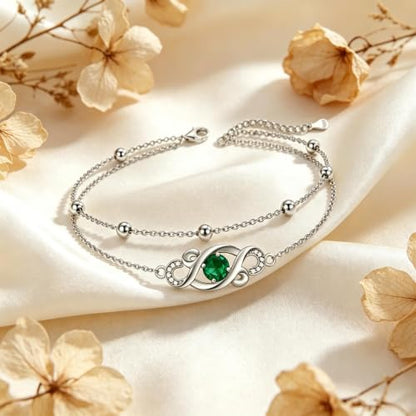 Dorunmo Birthstone Infinity Love Bracelet for Women 925 Sterling Silver Sparkling Gemstone Double Layered Adjustable Bracelets Birthday Jewelry Gifts for Mom Women - color: 05-May-Emerald