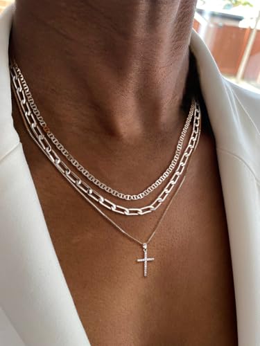 Cross Necklace for Women,Stackable Stacked Stacking Layering Layered Necklaces Dainty Gold Necklace Paperclip Box Flat Mariner Chain Necklace Cross Pendant CZ Diamond Simple Jewelry Gift - color: SL