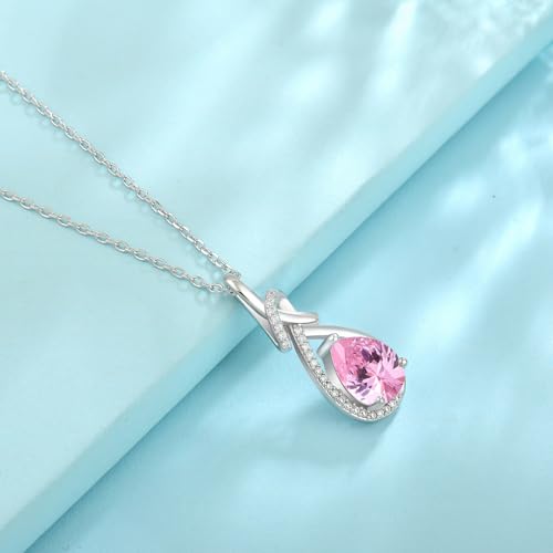 Infinity Teardrop Necklace Silver Tone Pendant Birthstone Jewelry for Women - color: Pink