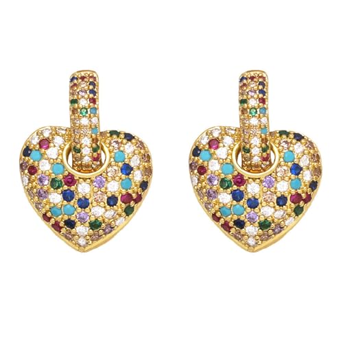 Crystal Heart Hoop Earrings for Women Dainty Fashion Heart Huggie Earrings Colourful Sparkly Crystal 14k Gold Love Heart Dangle Drop Earrings Valentine’s Day Statement Jewelry Gifts - color: Colorful