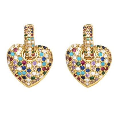 Crystal Heart Hoop Earrings for Women Dainty Fashion Heart Huggie Earrings Colourful Sparkly Crystal 14k Gold Love Heart Dangle Drop Earrings Valentine’s Day Statement Jewelry Gifts - color: Colorful