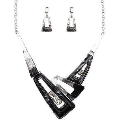 SFE Irregular Enamel Triangle Shape shell Collar Bib Bohemian Boho Statement Necklace Earrings Fashion Costume Jewelry Set for Women - color: Black-Platinum Plated