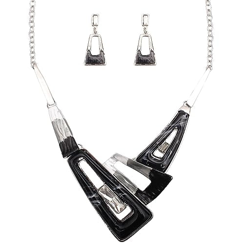 SFE Irregular Enamel Triangle Shape shell Collar Bib Bohemian Boho Statement Necklace Earrings Fashion Costume Jewelry Set for Women - color: Black-Platinum Plated