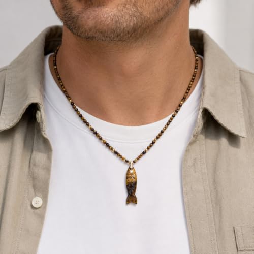 Natural Tiger Eye Fish Pendant Beaded Necklace for Women & Men | 16"+2" Adjustable | Handmade Dainty Protection Stone | Unisex Boho Beach Jewelry | Earthy Vintage Gift