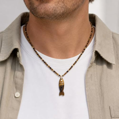 Natural Tiger Eye Fish Pendant Beaded Necklace for Women & Men | 16"+2" Adjustable | Handmade Dainty Protection Stone | Unisex Boho Beach Jewelry | Earthy Vintage Gift