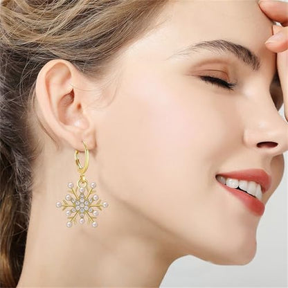 Dreuyet Snowflake Earring and Necklace Set for Women Clear Cubic Zirconia Sparkle Snowflake Hoop Earrings Silver Christmas Snowflake Pearl Earrings Winter Holiday Women Wife Jewelry Gift - color: Gold