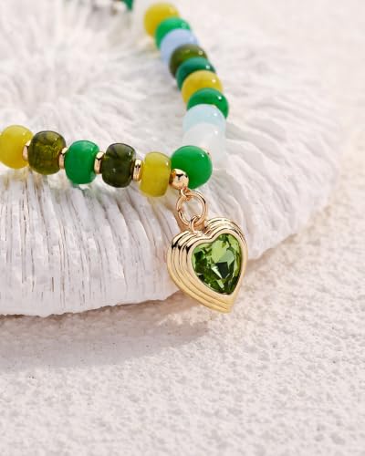 Boho Beaded Choker Necklaces for Women with A Gold Heart CZ - color: Green