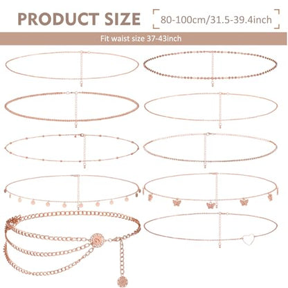 Lenwen 10 Pcs Summer Beach Belly Chain Adjustable Waist Multi Layered Chain Waist Jewelry for Women Girls Multilayer Body - color: Rose Gold, style: Stylish Style