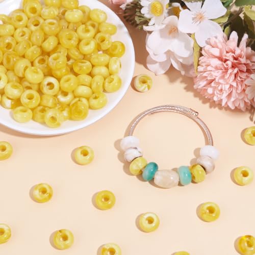 150PCS 14x8mm Yellow Acrylic European Large Hole Rondelle Spacer Beads with Storage Box, Loose Beads for Bracelet Necklace Earring Hair DIY Jewelry Making - color: Yellow