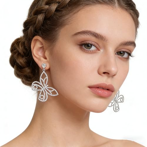Rhinestone Earrings Dangling for Women Sparkly Silver Dangle Earrings Girls Long Chandelier Earrings Tassel Lightweight Ear Studs Cubic Zirconia (KE001S-W) - color: Bow Butterfly 516305S-W