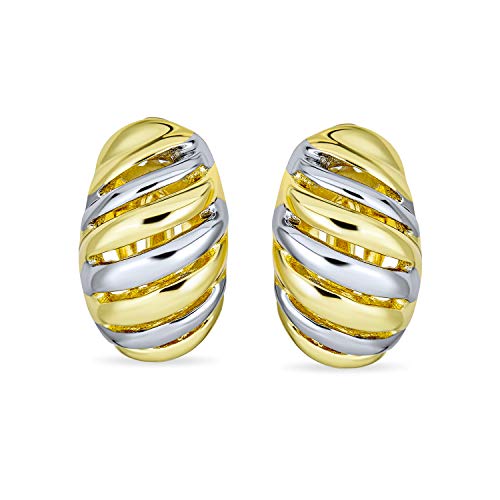 Shrimp Style Stripe Twist 2 Tone Dome Clip On Earrings Gold Plated Rhodium - color: Multi-color