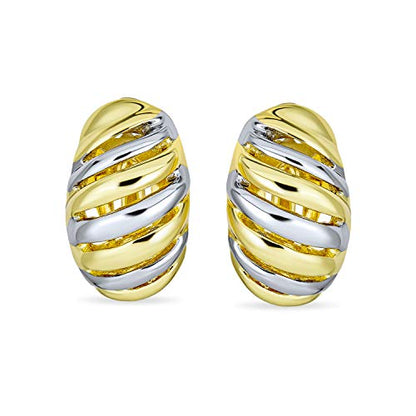 Shrimp Style Stripe Twist 2 Tone Dome Clip On Earrings Gold Plated Rhodium - color: Multi-color