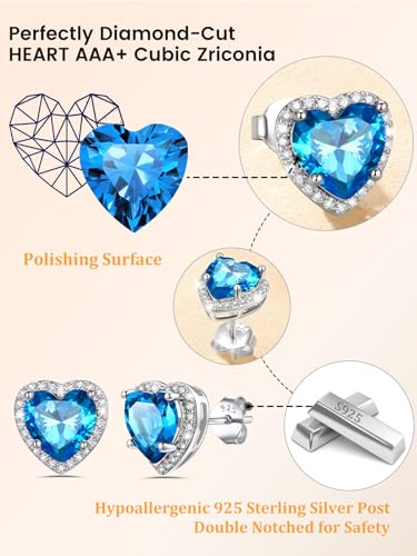 Bestyle Authentic 925 Sterling Silver 2 Carat Birthstone Earrings for Women, More Sparkle Heart/Round Solitaire Diamond Studs Earrings, Great Birthday/Christmas/Anniversary Jewelry for Wife Mother - color: 12. Dec. Blue Topaz-Heart
