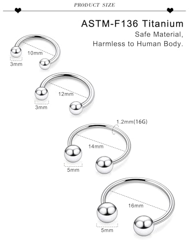 20G 18G 16G 14G 12G ASTM F136 Titanium Horseshoe Septum Nose Ring Piercing Jewelry Circular Barbell Helix Snug Tragus Rook Daith Cartilage Earring Lip Ring Hoop Piercing Jewelry for Women Men - style: 16G, 10mm 12mm 14mm 16mm Length, Ball+Spike