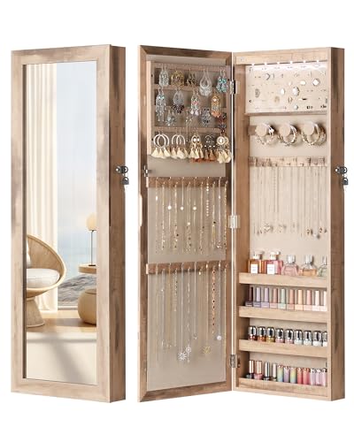 6 LEDs Jewelry Armoire, Hanging Mirror Jewelry Cabinet, Oak | Lockable Mirror with Jewelry Storage, Over the Door Jewelry Organizer, Gift Idea, Easy Assembly, Auto-on Light - color: Oak