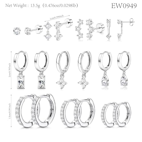 Stainless Steel Stud Earrings Set for Women Hypoallergenic Flat Back Cartilage Earrings Screw Back Huggie Hoop Earrings Multiple Piercing Cubic Zirconia Helix Tragus Jewelry - color: Set-E-Silver