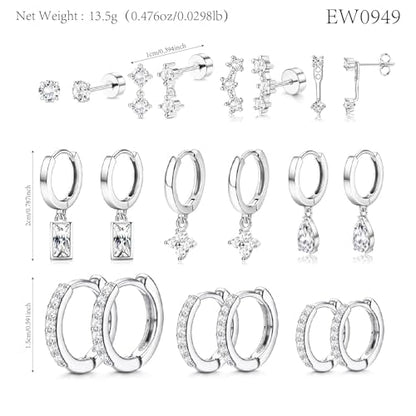 Stainless Steel Stud Earrings Set for Women Hypoallergenic Flat Back Cartilage Earrings Screw Back Huggie Hoop Earrings Multiple Piercing Cubic Zirconia Helix Tragus Jewelry - color: Set-E-Silver