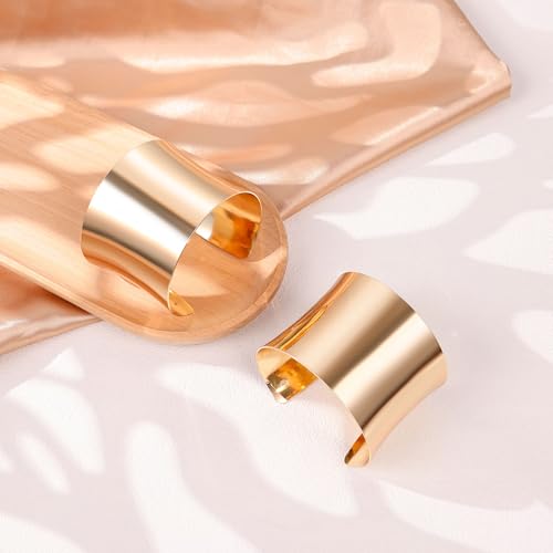 2Pcs Cuff Bangle Bracelet for Women Open Wide Bangle Bracelet Set | minimalist statement bangle bracelets，wrist cuff wrap bracelet adjustable，open wide wire grooved hammered bracelet set - color: 2PCS-Gold-A