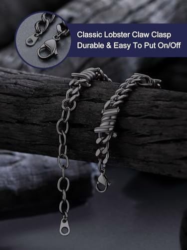 Bandmax Barbed Wire Chain Bracelets for Men Women Stainless Steel/Black/Gold Thorn Cuban Link Bracelet Adjustable Punk Emo Style Jewelry Gift - color: 08 7MM-Black Plated