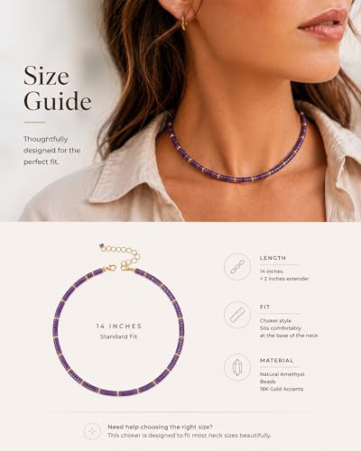 Natural Heishi Gemstone Choker Necklace for Women, Adjustable 15"+2" Beaded Layering Necklace, Coastal Beach Jewelry Gift for Her - color: Amethyst