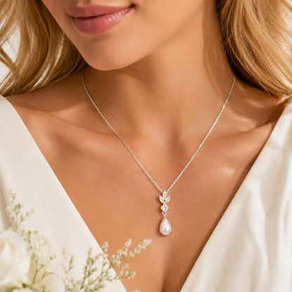 Pearl Necklaces for Women 14k Gold/White Gold Plated CZ Diamond | Dainty Cubic Zirconia Necklace, Bridal Bridesmaids Wedding Jewelry Gifts - color: Silver CZ Leaf Teardrop Pearl