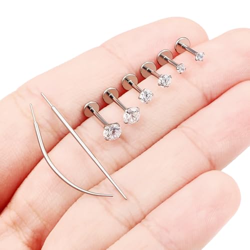 F136 Titanium 20/18/16G Earrings Nose Lip Rings Medusa Tragus Cartilage Helix Labret Flat Back Threadless Implant Grade Stud Piercing Jewelry for Women - color: White CZ, size: 18g*6/7/8mm*2/3/4mm
