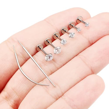 F136 Titanium 20/18/16G Earrings Nose Lip Rings Medusa Tragus Cartilage Helix Labret Flat Back Threadless Implant Grade Stud Piercing Jewelry for Women - color: White CZ, size: 18g*6/7/8mm*2/3/4mm